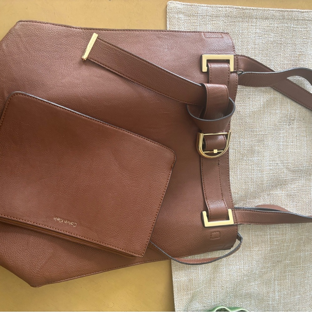 Calvin Klein Brown Vegan Leather Tote with Structured Design and Gold Hardware